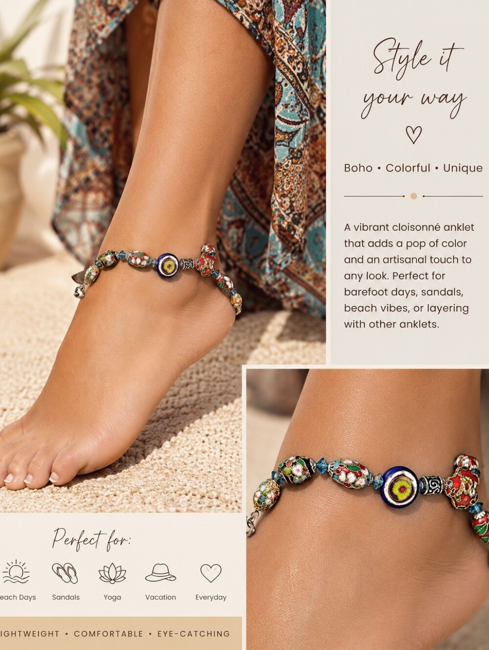 Vintage Cloisonné Beaded 9" Anklet Bracelet Multicolor Floral Lobster Clasp